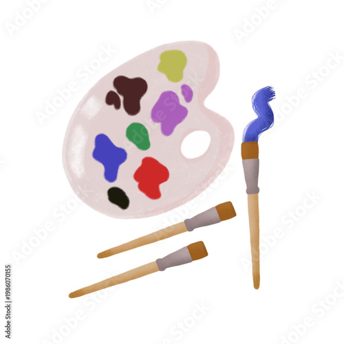 Digital vector Illustration of an Artist Palette and Paintbrushes Set