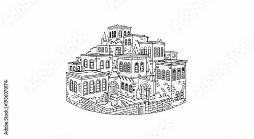 A black and white line drawing of a cluster of ancient buildings