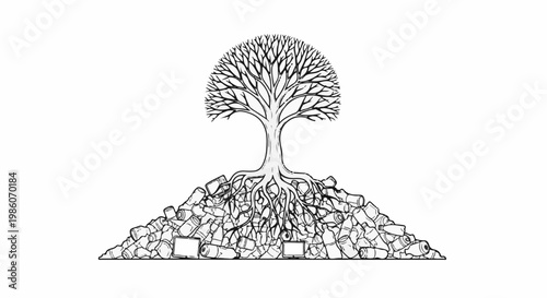 A bare tree's roots are entangled in a pile of discarded bottles