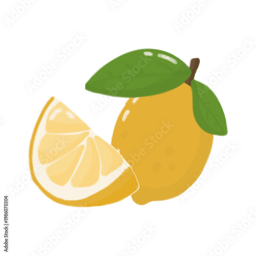 Vector ilustration of a Fresh Lemon and Sliced Wedge with Leaves