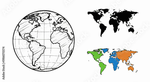 Three different depictions of the world map and globe
