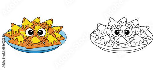Cute cartoon nachos plate with cheese sauce and smiley face, coloring book page for kids and color illustration set, Mexican snack food character mascot isolated vector art.