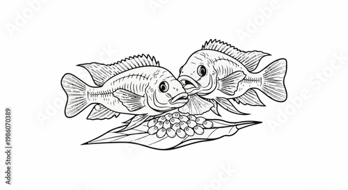 Two fish guard a clutch of eggs on a leaf