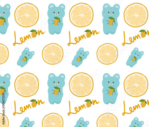 Seamless Pattern of Cute Blue Bears with Fresh Lemon Slices
