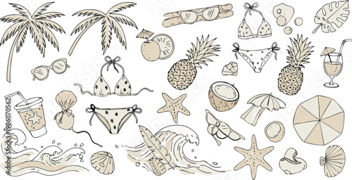 Boho Summer Clipart Set with Hand Drawn Tropical Elements Neutral Aesthetic Beach Illustrations
