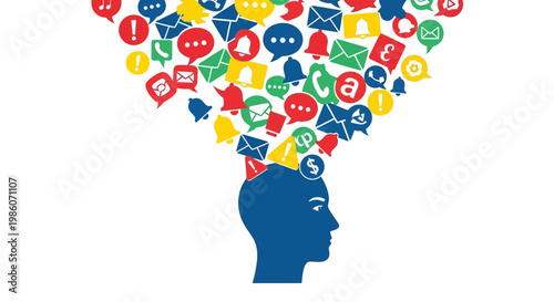 Blue silhouette head with colorful icons.