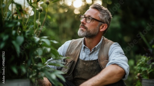 Mature gardener sitting contemplative among lush garden