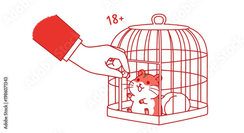 Cartoon hand feeding small object to hamster in cage, 18+ warning