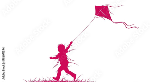 Child Running with Red Kite Outdoors.