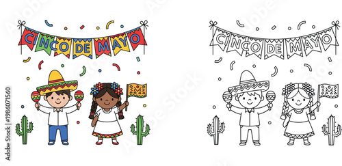 Cinco de Mayo celebration featuring happy Mexican children with sombrero, maracas and cactus, coloring book page for kids and color illustration comparison set, festive vector art.