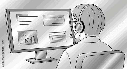 Customer service agent wearing headset works at computer desk.