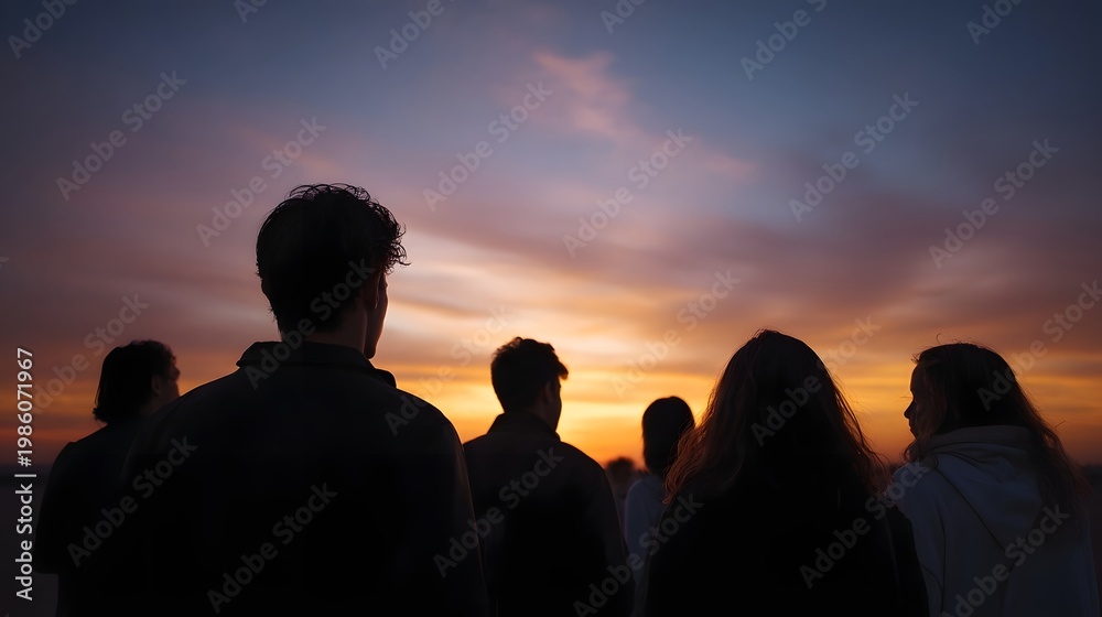 Fototapeta premium A group of people stand together enjoying the dramatic and colorful hues of a vibrant sunset sky