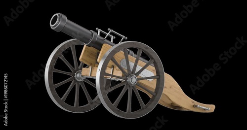 Antique field cannon, rotation animation seamlessly loopable. 3D rendering isolated on transparent background