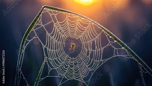 A spider sits in the center of its intricate web covered in dew at sunrise