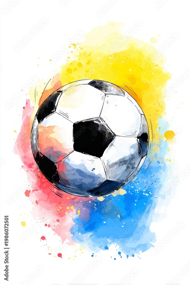 Fototapeta premium Vibrant watercolor football design captures the spirit of the upcoming World Cup 2026.