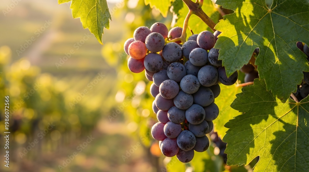 Fototapeta premium Ripe purple grapes hanging on vine in vineyard at sunset
