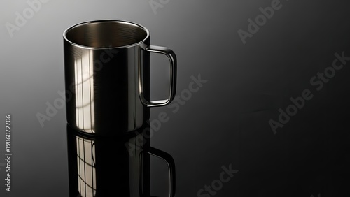 A shiny metal mug sits on a reflective surface with a window's reflection visible