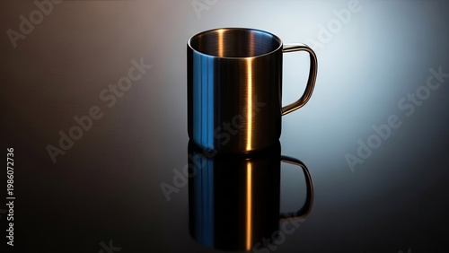 A shiny metal mug sitting on a reflective surface with a dramatic lighting effect