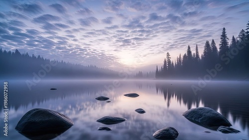 A serene lake surrounded by trees and rocks at sunrise with a misty atmosphere