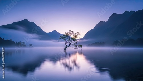 A serene landscape of a lone tree standing in a misty lake with majestic mountains in the background at dawn