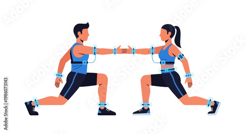 Couple in blue workout gear stretching and holding hands in fitness routine