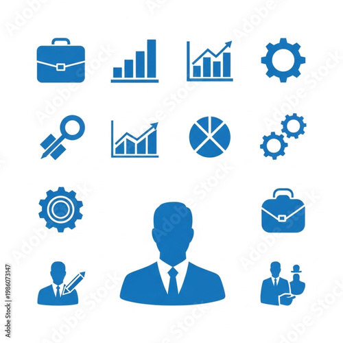 Businessman with graphs and charts icons.