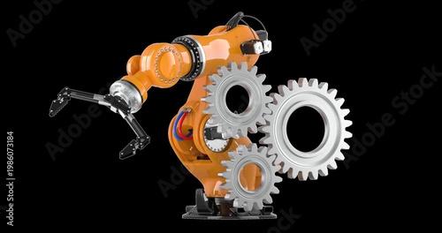 Industrial robot arm with gears, rotation animation seamlessly loopable. 3D rendering isolated on transparent background