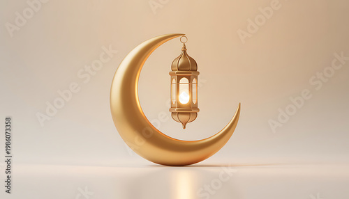 Ramadan Kareem Greeting Card. Golden Crescent Moon with Lantern on White Background. 3D Render