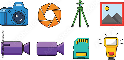 Photography and video icon set featuring camera aperture tripod gallery camcorder memory card and flash symbols collection