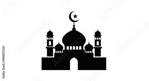 EID -UL ADHA Mosque silhouette, Islamic architecture icon, black vector, crescent moon symbol, religious building vector