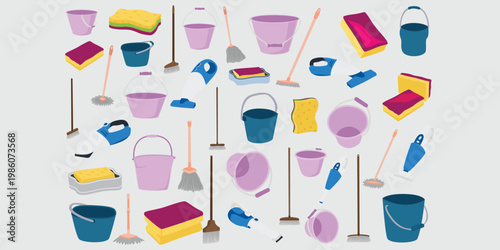 Colorful cleaning supplies collection buckets sponges mops and cloths for household chores and hygiene