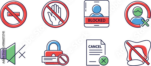 Prohibition and restriction icon set featuring no entry blocked user mute cancel access denied and warning symbols