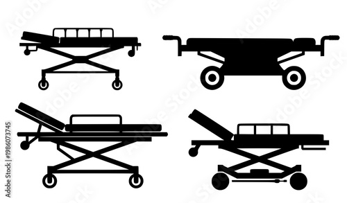 Stretcher silhouettes vector set medical hospital transport icons isolated on white