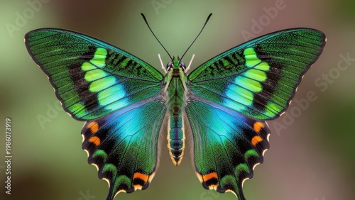 A vibrant green butterfly with blue and orange accents spreads its colorful wings in a natural setting.