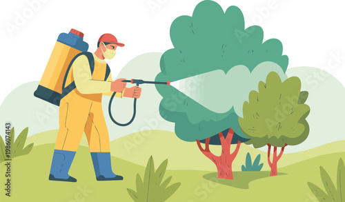 A worker sprays a leafy green tree with a pesticide applicator