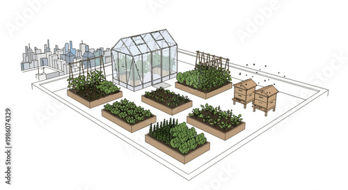 Urban garden with raised beds and greenhouse illustration