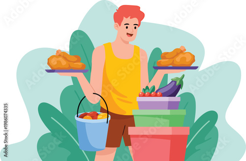 Young man cheerfully carries trays of food and a basket of groceries