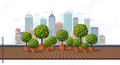 Potted plants on a balcony with city skyline background illustration