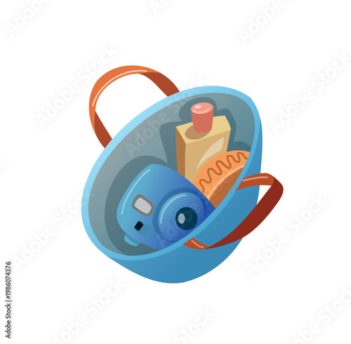 Items placed in a blue basket during a daily routine at home in the afternoon