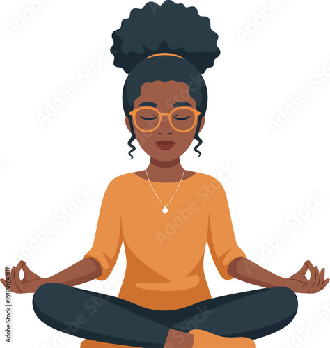 Woman meditating in lotus position with glasses and afro hairstyle