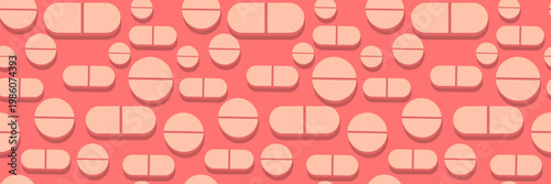 Vibrant seamless vector pattern featuring orange medical pills and tablets on a pink background, perfect for pharmaceutical packaging, textile prints, and healthcare branding.