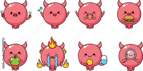 Cute Devil Cartoon Character Set with Different Emotions and Activities Including Eating Crying Angry and Happy Expressions for Kids Mascot Illustration and Fun Design Collection