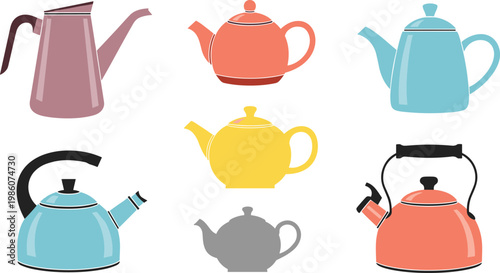 Teapot and Kettle Collection Illustration with Modern and Classic Kitchen Teaware Designs in Colorful Minimal Flat Vector Style