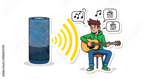 man playing guitar with smart speaker