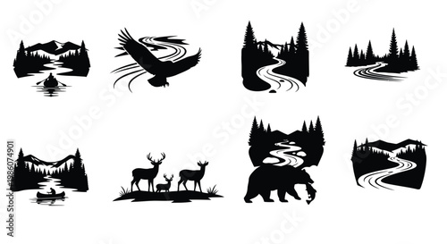 Collection of minimalist black silhouettes depicting wilderness scenes with animals