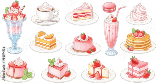 Strawberry Dessert Collection Illustration with Cakes Milkshakes Sundaes Pancakes Macarons and Sweet Treats in Detailed Cute Minimal Vector Style