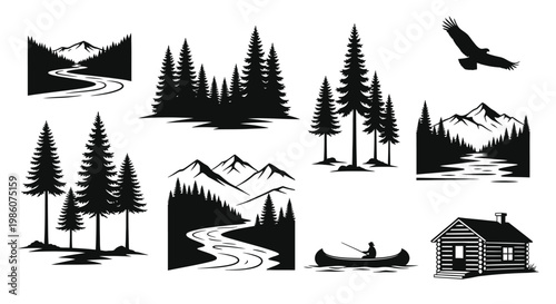 Black and white wilderness scene featuring mountains trees a river and a cabin
