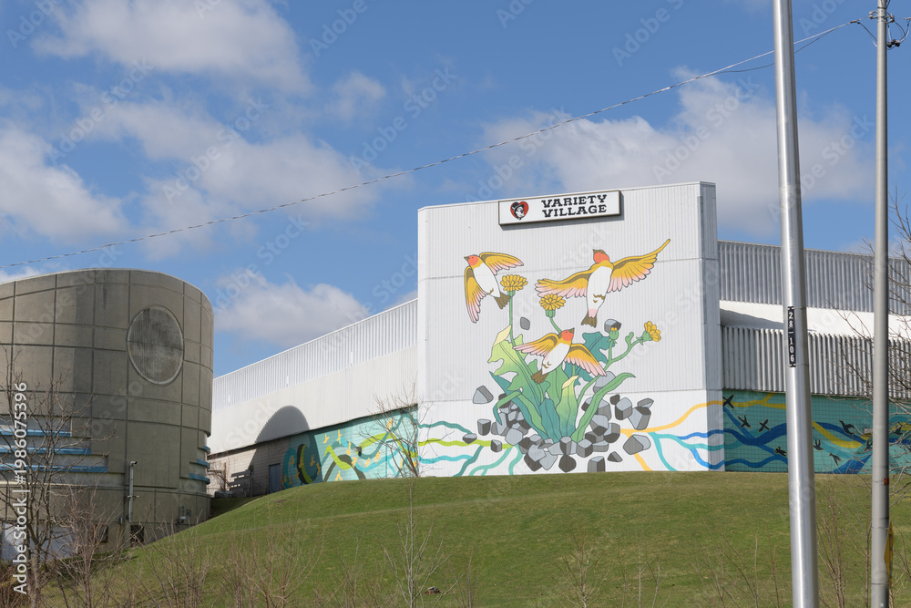 Naklejka premium exterior building mural and sign of Variety Village, a gym, located at 3701 Danforth Av, Scarborough, Toronto (viewed from Kingston Rd)