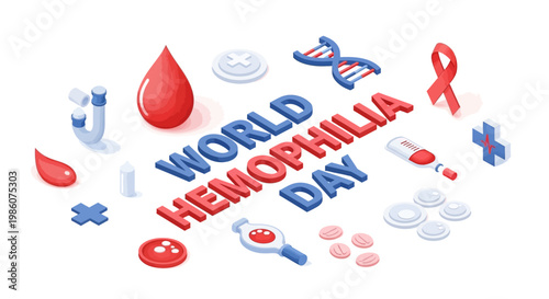Isometric vector art for rare disease awareness highlights World Hemophilia Day with a red drop symbol, incorporating DNA strands and medical equipment on a white background