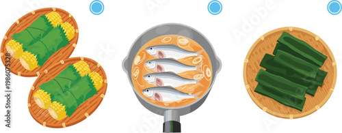 Traditional Asian Food Preparation Illustration Set with Banana Leaf Rice Grilled Fish Soup and Wrapped Vegetables in Clean Minimal Vector Style